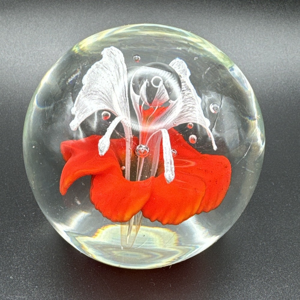 Vintage Art Glass Paperweight Tropical Orange White Flower Controlled Bubble - Picture 2 of 9